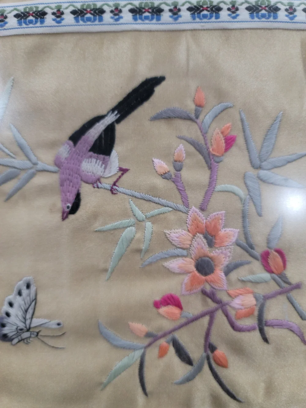 Vintage framed Asian silk embroidery panel Bird Floral Set Of 2